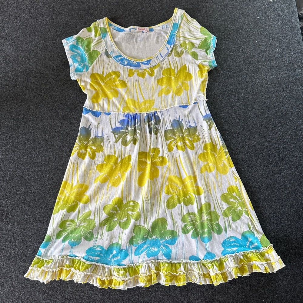 Fresh Produce Womens Floral Ruffle Hem Empire Waist T-Shirt Dress Yellow Blue L